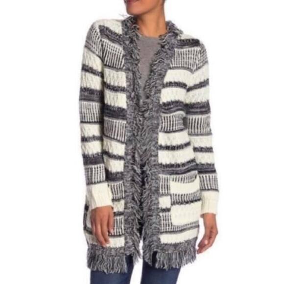 Papillon Black White Knit Fringe Open Front Cardigan Sz S - Picture 2 of 7